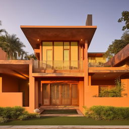 Modern Indian home with a blend of traditional and contemporary architecture, warm color palettes, vibrant patterns, and intricate designs.