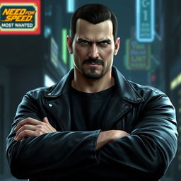 A detailed image of Razor Callahan from *Need for Speed: Most Wanted* (2005), portrayed as a tough, charismatic street racer with a smug attitude