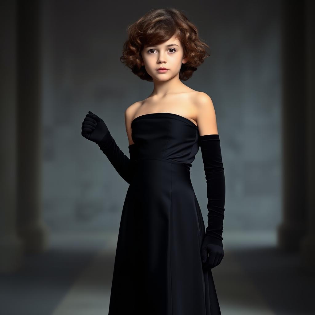 A fair-skinned girl with short, curly brown hair, wearing a long black dress that is strapless at the top and seamlessly connects to a long black skirt