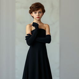 A fair-skinned girl with short, curly brown hair, wearing a long black dress that is strapless at the top and seamlessly connects to a long black skirt