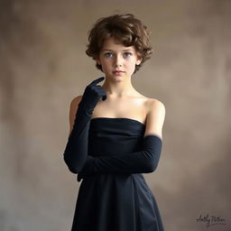 A fair-skinned girl with short, curly brown hair, wearing a long black dress that is strapless at the top and seamlessly connects to a long black skirt