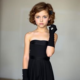 A fair-skinned girl with short, curly brown hair, wearing a long black dress that is strapless at the top and seamlessly connects to a long black skirt
