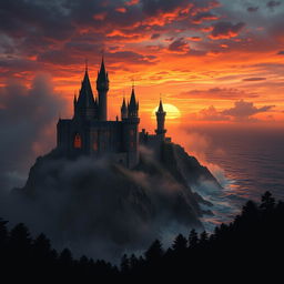 A highly detailed and artistic portrayal of a spooky medieval castle shrouded in mist, sitting atop a rocky cliff overlooking a vast ocean during a dramatic sunset