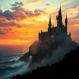 A highly detailed and artistic portrayal of a spooky medieval castle shrouded in mist, sitting atop a rocky cliff overlooking a vast ocean during a dramatic sunset