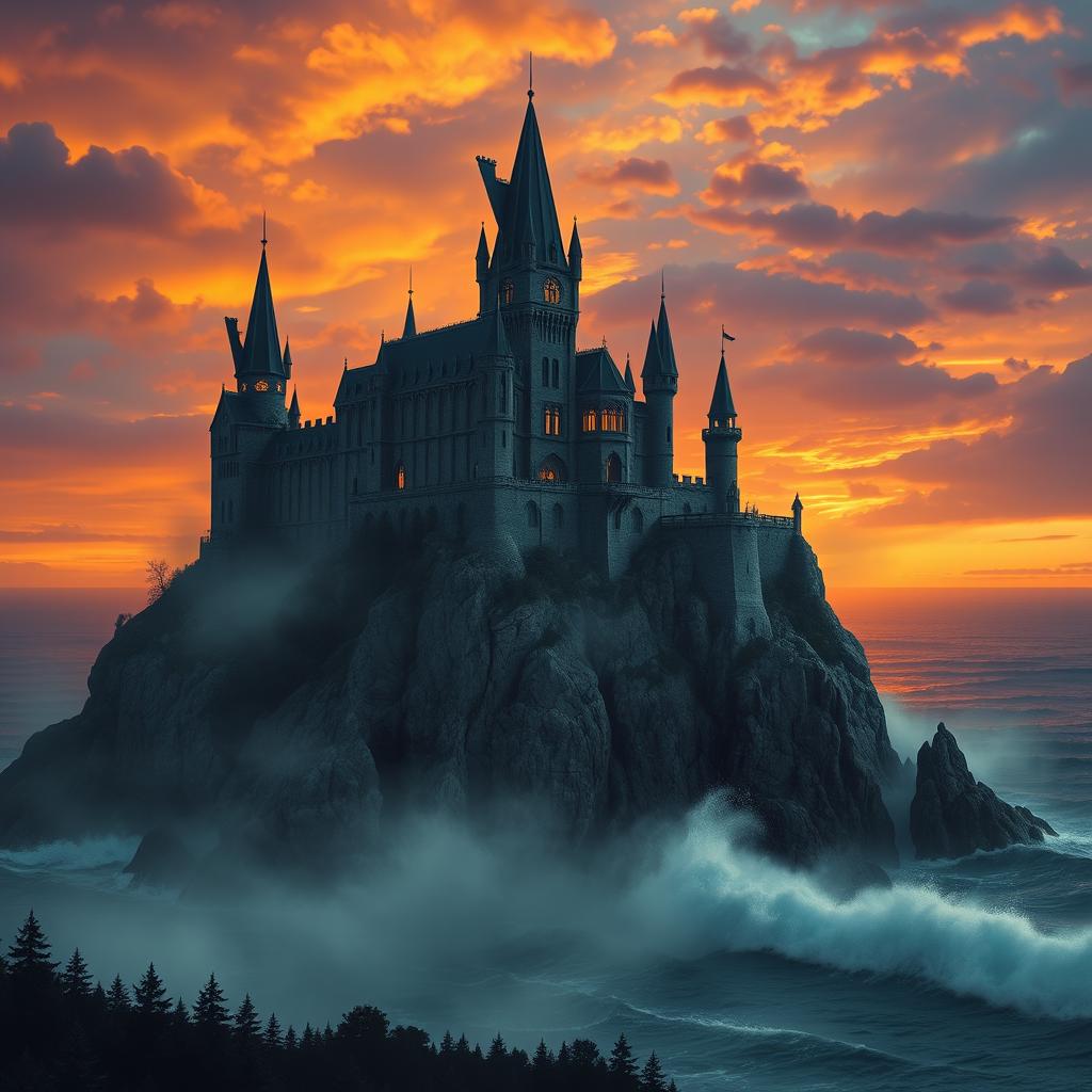 A highly detailed and artistic portrayal of a spooky medieval castle shrouded in mist, sitting atop a rocky cliff overlooking a vast ocean during a dramatic sunset