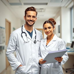 A stylish and modern portrait of a married couple who are both doctors