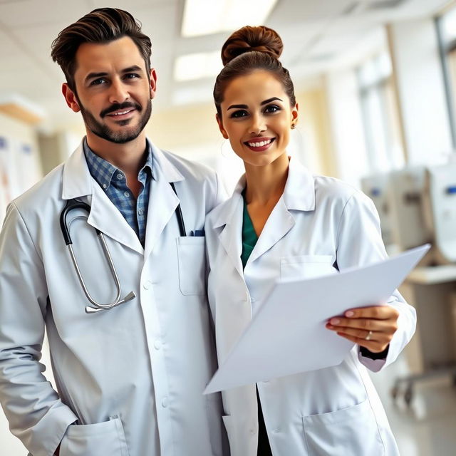 A stylish and modern portrait of a married couple who are both doctors