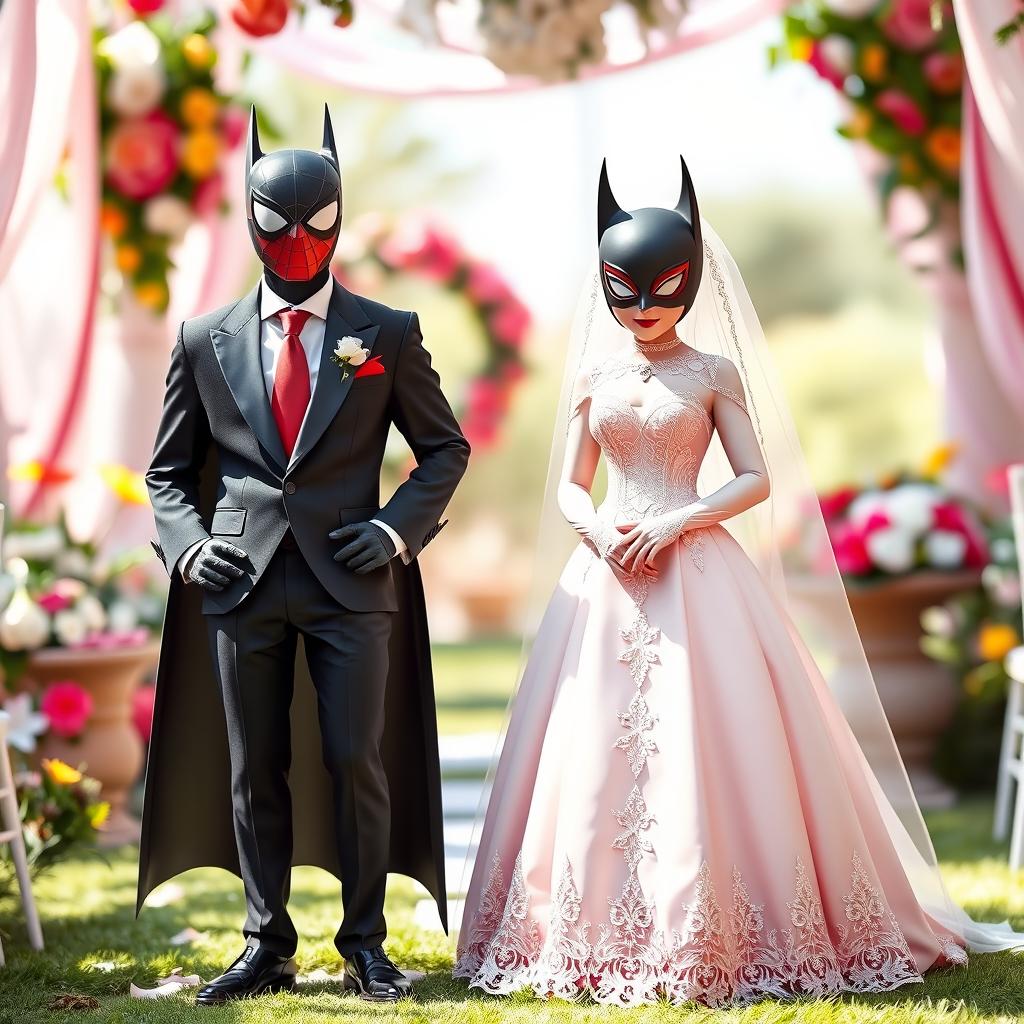 A whimsical wedding scene featuring Batman in a beautiful pink wedding dress, adorned with intricate lace and lace trim, standing confidently next to Spider-Man dressed in a classic black suit with a crisp white shirt and a red tie
