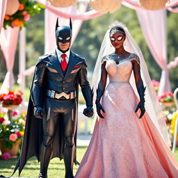 A whimsical wedding scene featuring Batman in a beautiful pink wedding dress, adorned with intricate lace and lace trim, standing confidently next to Spider-Man dressed in a classic black suit with a crisp white shirt and a red tie