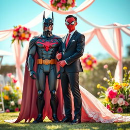 A whimsical wedding scene featuring Batman in a beautiful pink wedding dress, adorned with intricate lace and lace trim, standing confidently next to Spider-Man dressed in a classic black suit with a crisp white shirt and a red tie