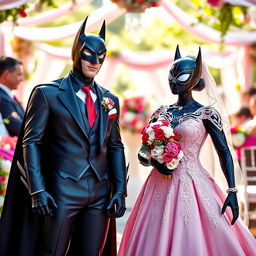 A whimsical wedding scene featuring Batman in a beautiful pink wedding dress, adorned with intricate lace and lace trim, standing confidently next to Spider-Man dressed in a classic black suit with a crisp white shirt and a red tie