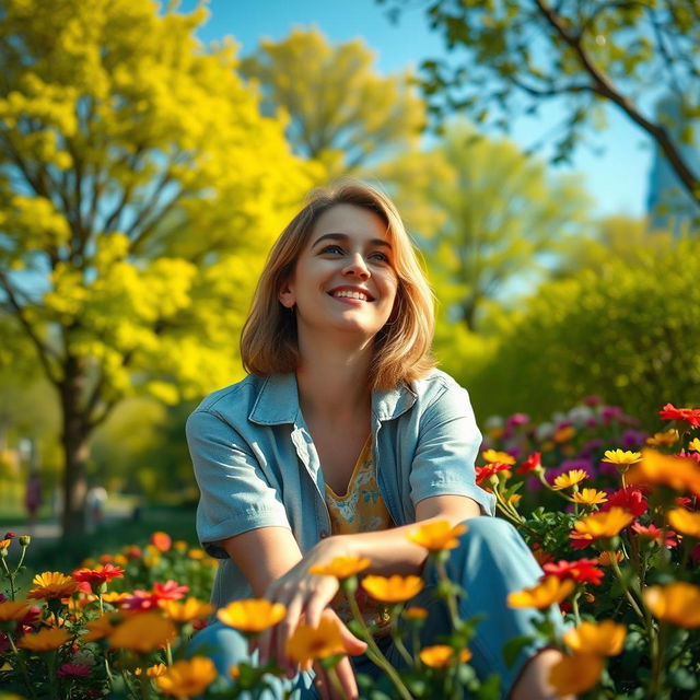 A person embodying happiness despite facing ingratitude, seated in a sunny park surrounded by blooming flowers, with a serene smile on their face