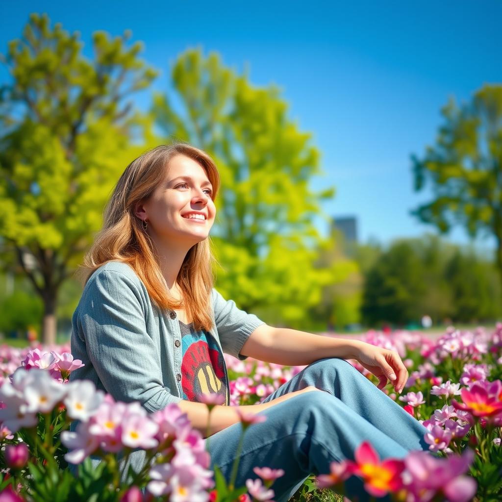 A person embodying happiness despite facing ingratitude, seated in a sunny park surrounded by blooming flowers, with a serene smile on their face