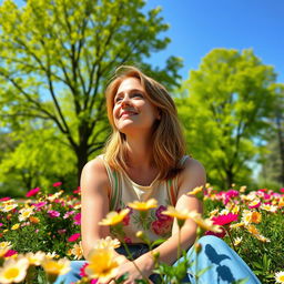 A person embodying happiness despite facing ingratitude, seated in a sunny park surrounded by blooming flowers, with a serene smile on their face