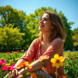 A person embodying happiness despite facing ingratitude, seated in a sunny park surrounded by blooming flowers, with a serene smile on their face