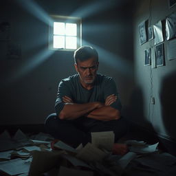 A bitter person sitting in a dimly lit room, wearing a frown, surrounded by scattered papers symbolizing unfulfilled expectations and disappointment