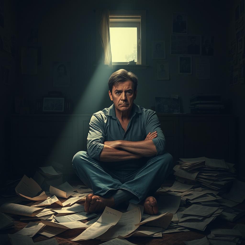 A bitter person sitting in a dimly lit room, wearing a frown, surrounded by scattered papers symbolizing unfulfilled expectations and disappointment