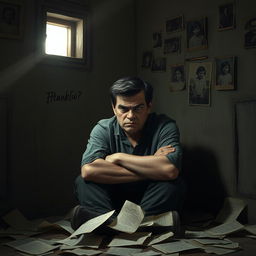 A bitter person sitting in a dimly lit room, wearing a frown, surrounded by scattered papers symbolizing unfulfilled expectations and disappointment