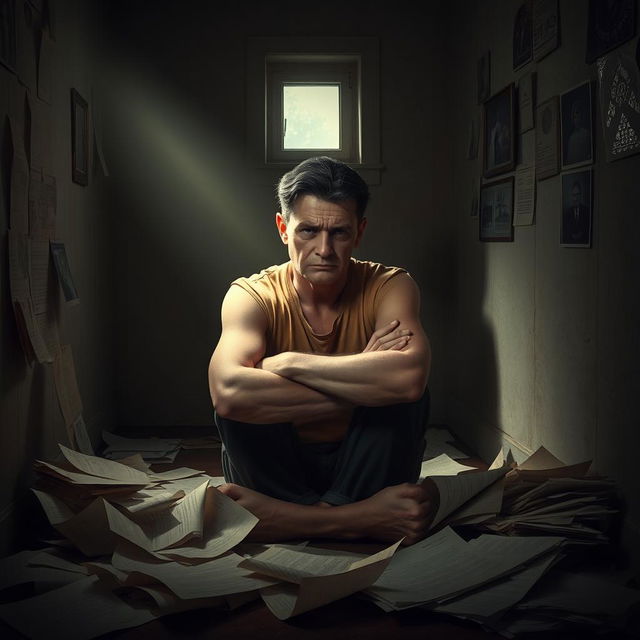 A bitter person sitting in a dimly lit room, wearing a frown, surrounded by scattered papers symbolizing unfulfilled expectations and disappointment