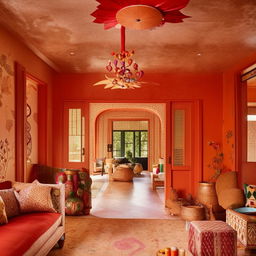 Modern Indian home with a blend of traditional and contemporary architecture, warm color palettes, vibrant patterns, and intricate designs.