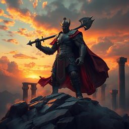 A powerful and mythical representation of a god of war, featuring an imposing figure clad in intricate armor, wielding a formidable weapon