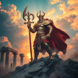 A powerful and mythical representation of a god of war, featuring an imposing figure clad in intricate armor, wielding a formidable weapon