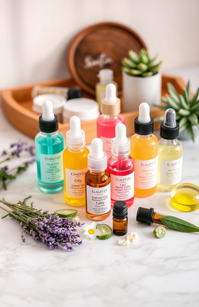 A beautifully arranged collection of DIY beauty potions, featuring glass dropper bottles filled with different colored facial serums on a marble countertop