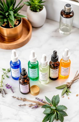 A beautifully arranged collection of DIY beauty potions, featuring glass dropper bottles filled with different colored facial serums on a marble countertop