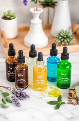 A beautifully arranged collection of DIY beauty potions, featuring glass dropper bottles filled with different colored facial serums on a marble countertop