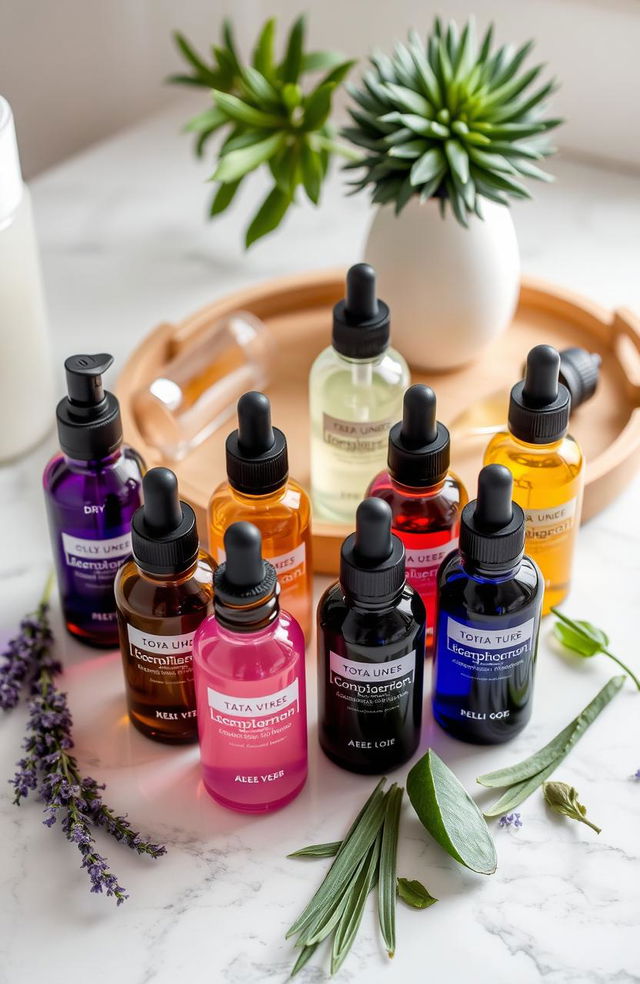 A beautifully arranged collection of DIY beauty potions, featuring glass dropper bottles filled with different colored facial serums on a marble countertop