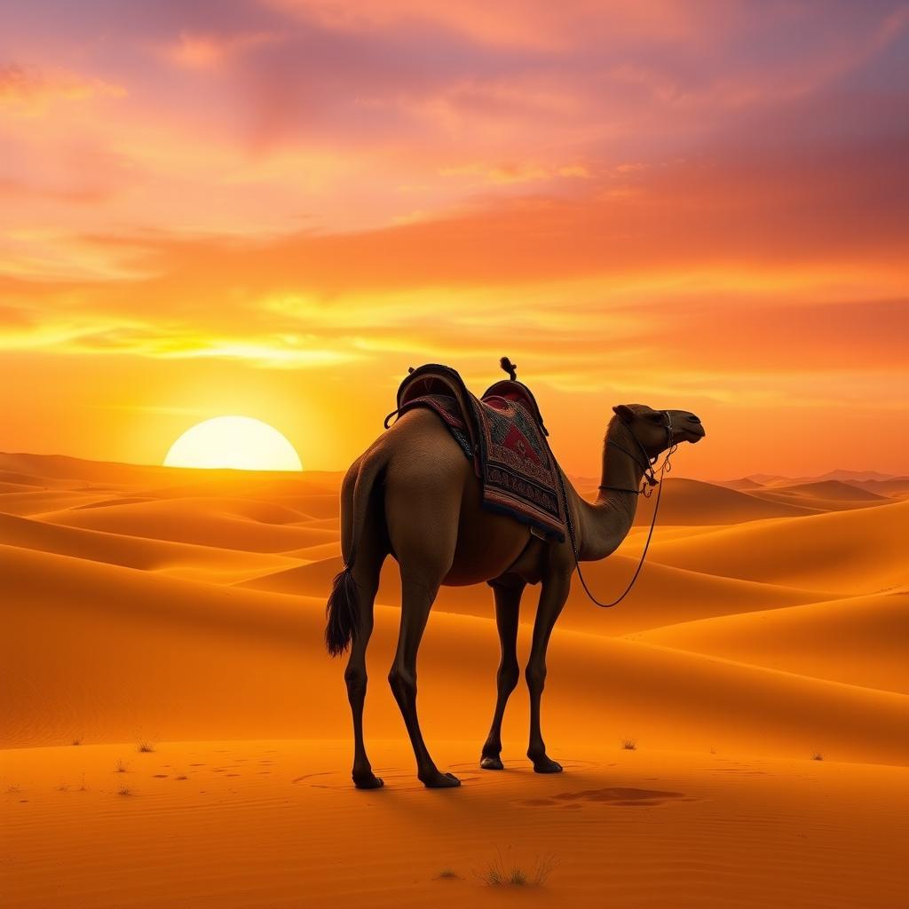 A majestic, golden desert landscape at sunset, with rolling sand dunes reflecting the warm colors of the sky