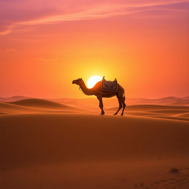 A majestic, golden desert landscape at sunset, with rolling sand dunes reflecting the warm colors of the sky