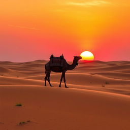 A majestic, golden desert landscape at sunset, with rolling sand dunes reflecting the warm colors of the sky