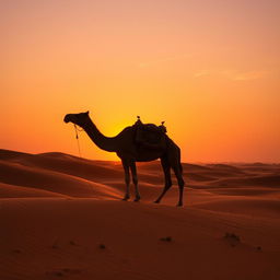 A majestic, golden desert landscape at sunset, with rolling sand dunes reflecting the warm colors of the sky