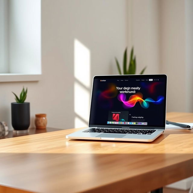 A modern laptop placed on a stylish wooden desk, with a vibrant website design displayed on the screen, capturing a creative workspace atmosphere