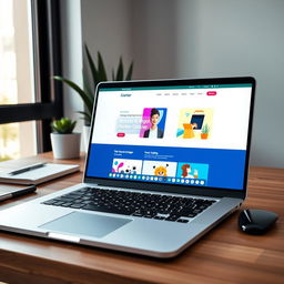 A modern laptop placed on a stylish wooden desk, with a vibrant website design displayed on the screen, capturing a creative workspace atmosphere