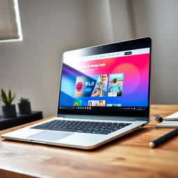 A modern laptop placed on a stylish wooden desk, with a vibrant website design displayed on the screen, capturing a creative workspace atmosphere