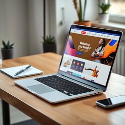 A modern laptop placed on a stylish wooden desk, with a vibrant website design displayed on the screen, capturing a creative workspace atmosphere