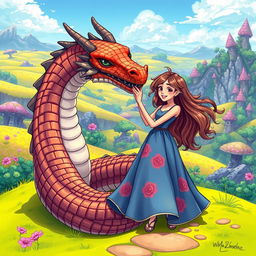 A stunning illustration of a brick-patterned dragon playfully interacting with a young woman in a whimsical fantasy setting