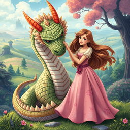 A stunning illustration of a brick-patterned dragon playfully interacting with a young woman in a whimsical fantasy setting