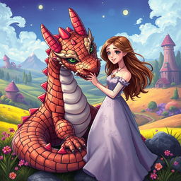 A stunning illustration of a brick-patterned dragon playfully interacting with a young woman in a whimsical fantasy setting