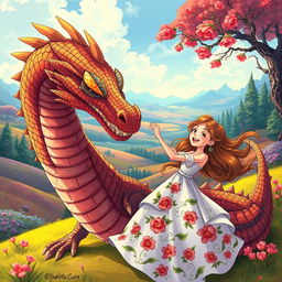 A stunning illustration of a brick-patterned dragon playfully interacting with a young woman in a whimsical fantasy setting