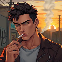 A detailed portrait of a rugged male character resembling a mobile game character in a relaxed urban setting