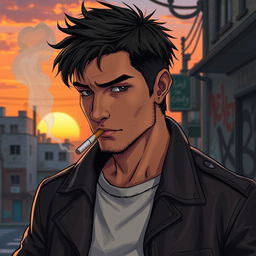 A detailed portrait of a rugged male character resembling a mobile game character in a relaxed urban setting