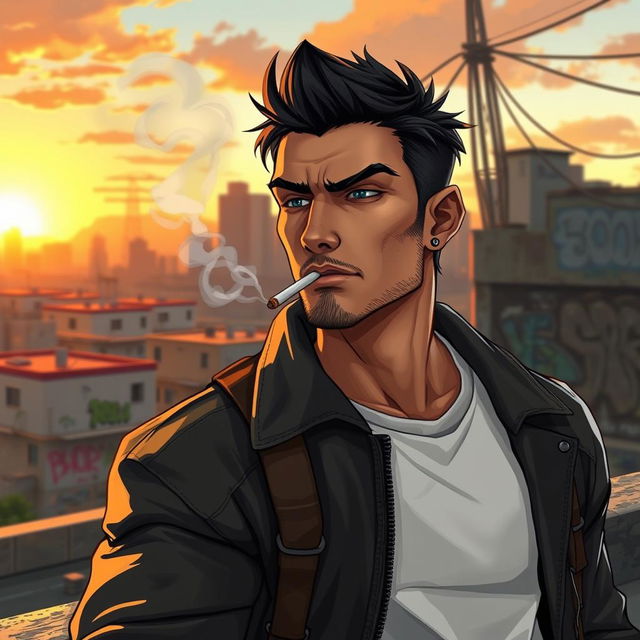 A detailed portrait of a rugged male character resembling a mobile game character in a relaxed urban setting