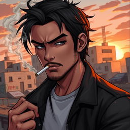 A detailed portrait of a rugged male character resembling a mobile game character in a relaxed urban setting