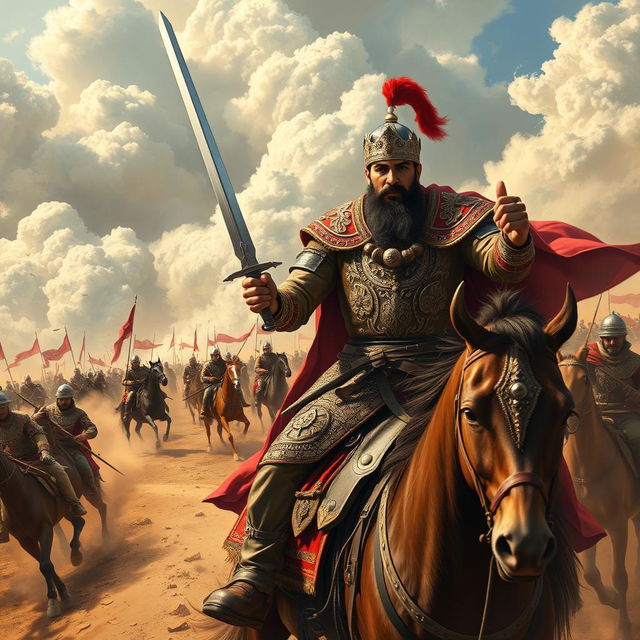 Nader Shah Afshar, the Shah of Iran, leading a fierce battle against Afghan soldiers on the battlefield