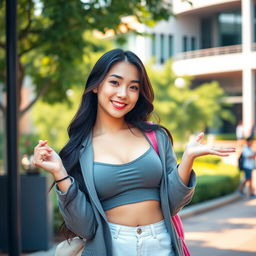 A beautiful Chinese college student with large breasts, posing playfully on a vibrant campus in a flirty manner