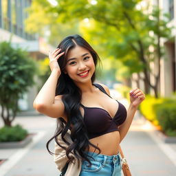 A beautiful Chinese college student with large breasts, posing playfully on a vibrant campus in a flirty manner