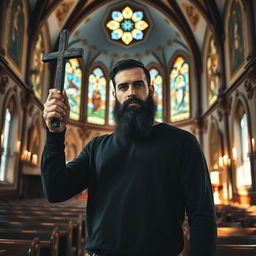 A tall man with black beard and striking blue eyes standing inside a beautiful church